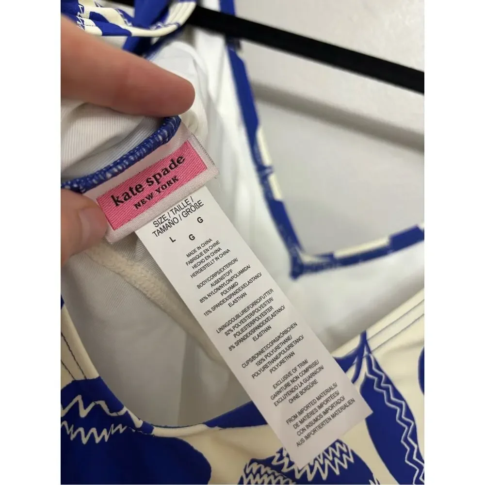 NEW Kate Spade Zigzag Blue and White Floral Bow-Strap V-Neck One-Piece - Size L